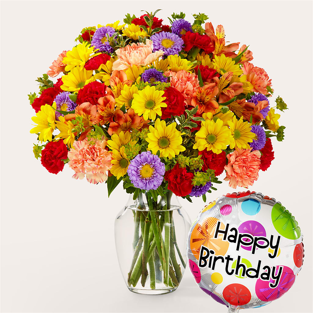 Kaleidoscope Bouquet with Birthday Balloon – T BEARS FLORIST & GIFTS, Columbus OH