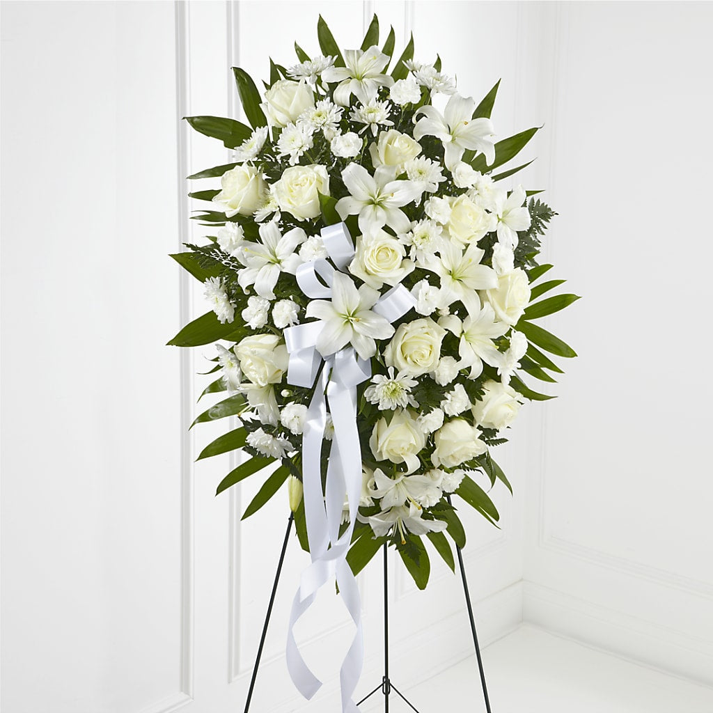 Exquisite Tribute Standing Spray-White Ribbon – T BEARS FLORIST & GIFTS, Columbus OH
