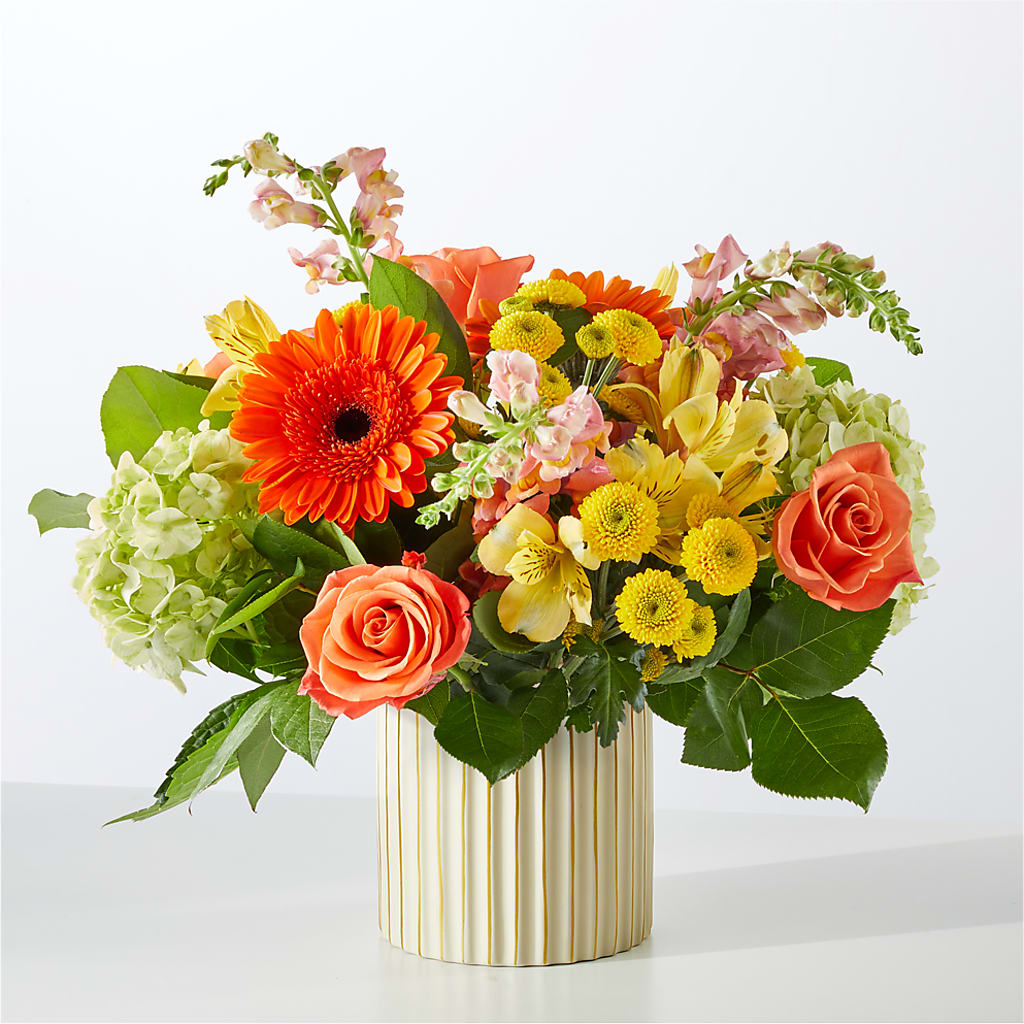 Autumn Sunshine Bouquet with Ivory Vase – T BEARS FLORIST & GIFTS, Columbus OH